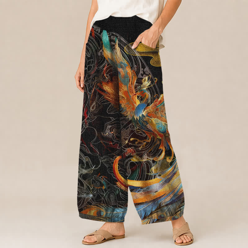 Buddha Stones Pantalon harem pour femme en coton à motif de plumes de phénix oriental, plissé, taille élastique et poches - image 1
