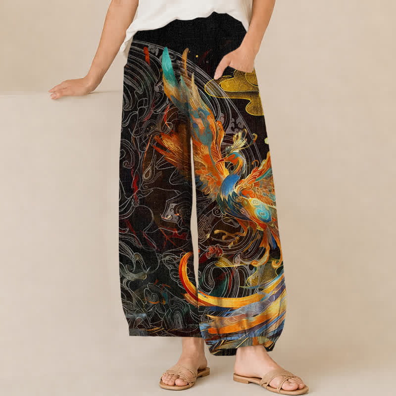 Buddha Stones Pantalon harem pour femme en coton à motif de plumes de phénix oriental, plissé, taille élastique et poches - Noir - US16，UK/AU20，EU48 (3XL) - image 0