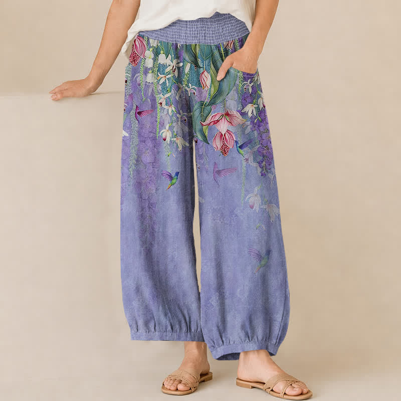 Buddha Stones Pantalon harem pour femme en coton à motif floral lavande et colibris, plissé, taille élastique et poches - Bleu ardoise moyen - US16，UK/AU20，EU48 (3XL) - image 0