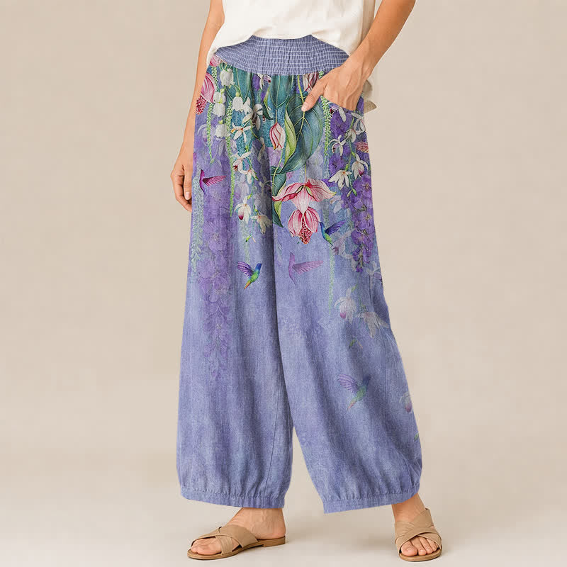 Buddha Stones Pantalon harem pour femme en coton à motif floral lavande et colibris, plissé, taille élastique et poches - image 1