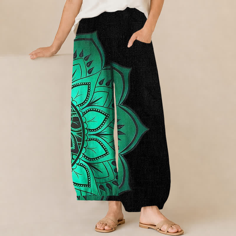 Buddha Stones Pantalon harem pour femme en coton, à motif floral mandala bohème plissé et taille élastique, avec poches - Noir - US16，UK/AU20，EU48 (3XL) - image 0