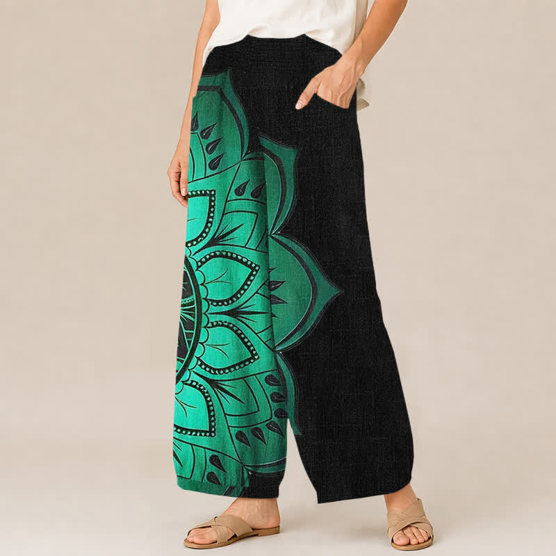 Buddha Stones Pantalon harem pour femme en coton, à motif floral mandala bohème plissé et taille élastique, avec poches - image 1