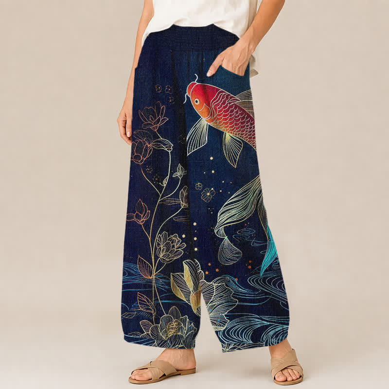 Buddha Stones Pantalon harem pour femme en coton rouge à motif de carpes koï et de lotus ondulés, plissé, taille élastique et poches - image 1
