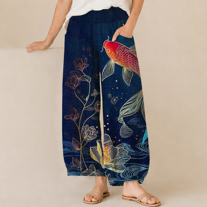 Buddha Stones Pantalon harem pour femme en coton rouge à motif de carpes koï et de lotus ondulés, plissé, taille élastique et poches - Marine - US16，UK/AU20，EU48 (3XL) - image 0