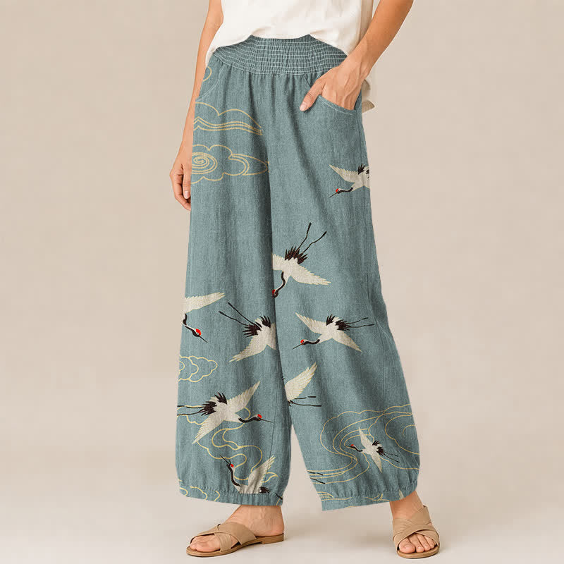 Buddha Stones Pantalon harem pour femme en coton oriental blanc à motif de grues et de nuages, plissé, taille élastique et poches - image 1