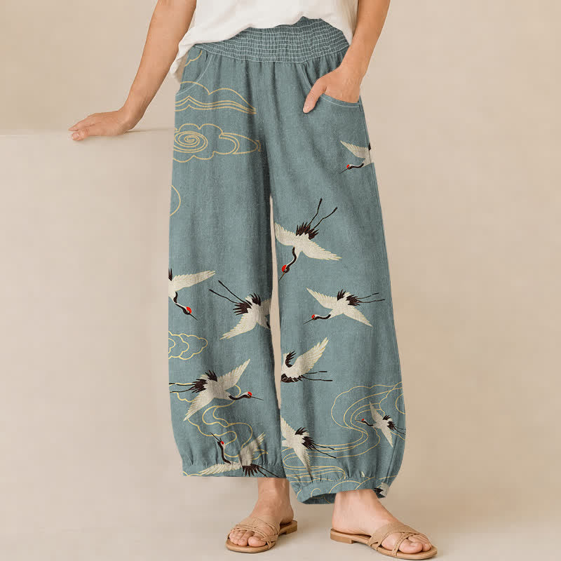 Buddha Stones Pantalon harem pour femme en coton oriental blanc à motif de grues et de nuages, plissé, taille élastique et poches - CadetBlue - US16，UK/AU20，EU48 (3XL) - image 0