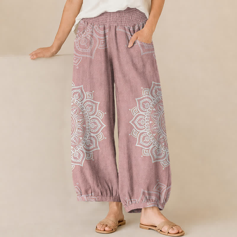 Buddha Stones Pantalon harem bohème blanc en coton à motif floral mandala plissé et taille élastique avec poches - Rose clair - US16，UK/AU20，EU48 (3XL) - image 0