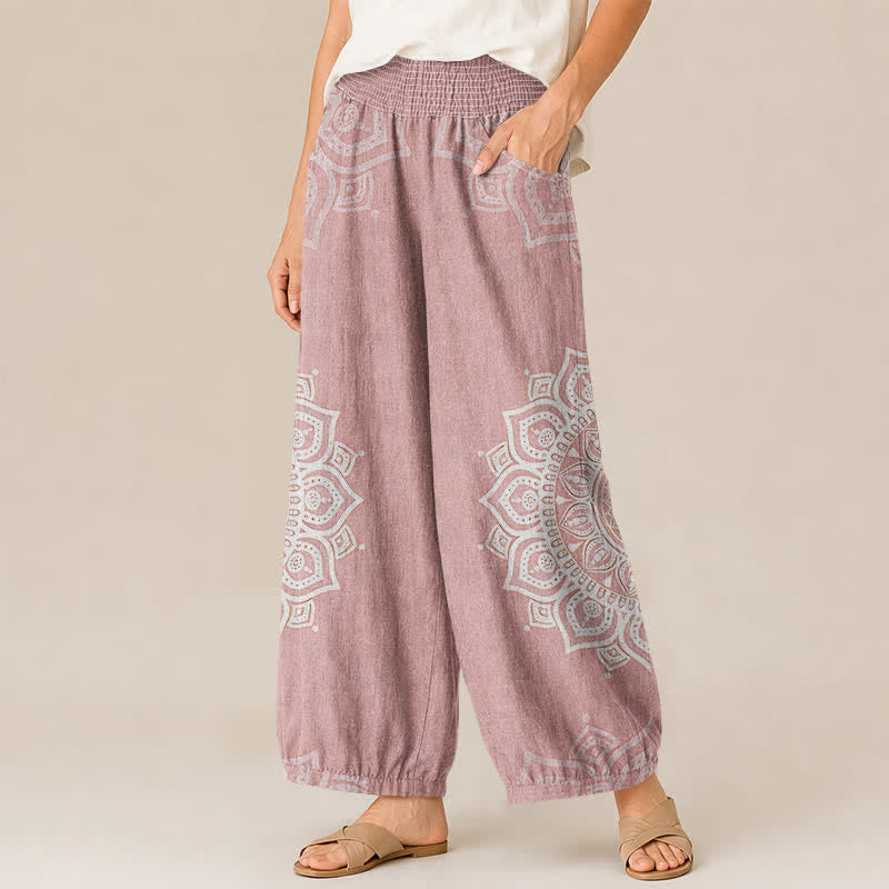 Buddha Stones Pantalon harem bohème blanc en coton à motif floral mandala plissé et taille élastique avec poches - image 1