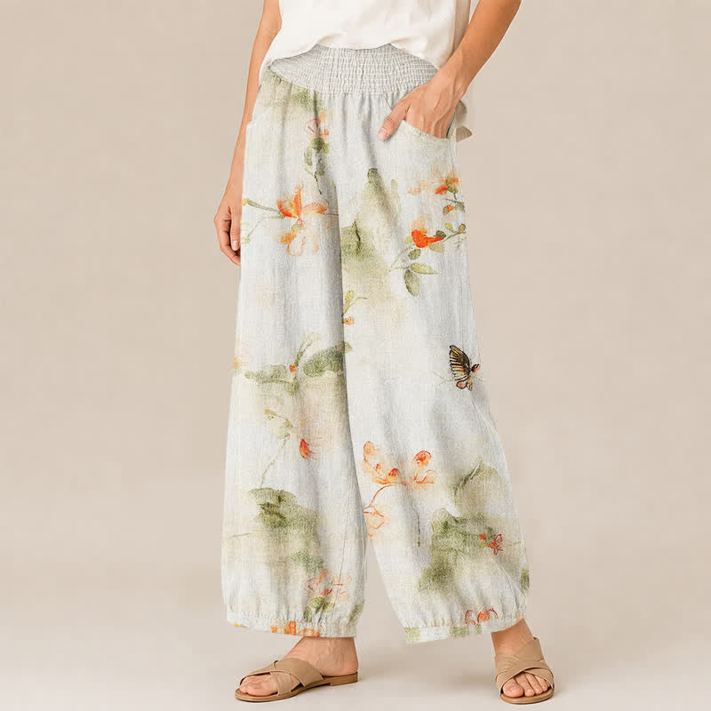 Buddha Stones Pantalon harem pour femme en coton à motif floral aquarelle et papillons, plissé, taille élastique et poches - image 1