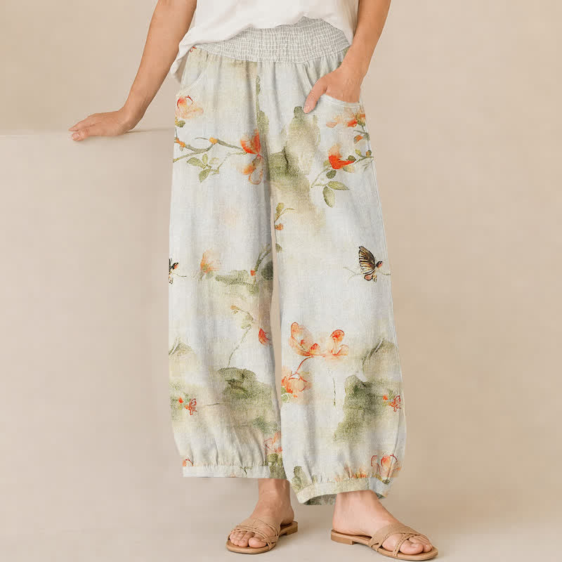 Buddha Stones Pantalon harem pour femme en coton à motif floral aquarelle et papillons, plissé, taille élastique et poches - Ivoire - US16，UK/AU20，EU48 (3XL) - image 0
