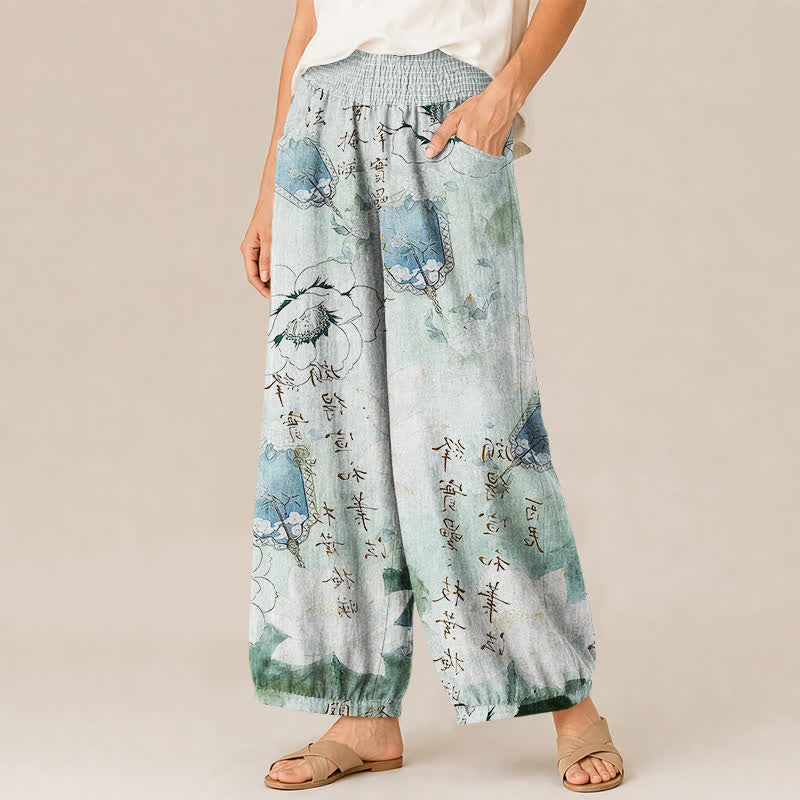 Buddha Stones Pantalon harem pour femme en coton à motif floral aquarelle calligraphique plissé et taille élastique avec poches - image 1