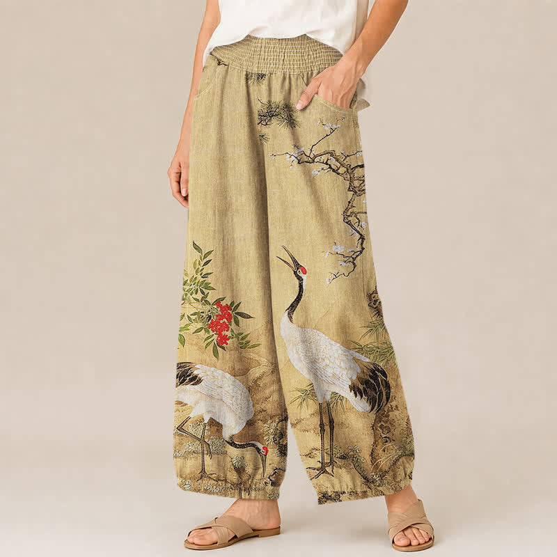 Buddha Stones Pantalon harem pour femme en coton oriental à motif de grues blanches et de fleurs rouges, plissé, taille élastique et poches - image 1