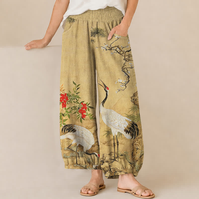 Buddha Stones Pantalon harem pour femme en coton oriental à motif de grues blanches et de fleurs rouges, plissé, taille élastique et poches - Tanné - US16，UK/AU20，EU48 (3XL) - image 0