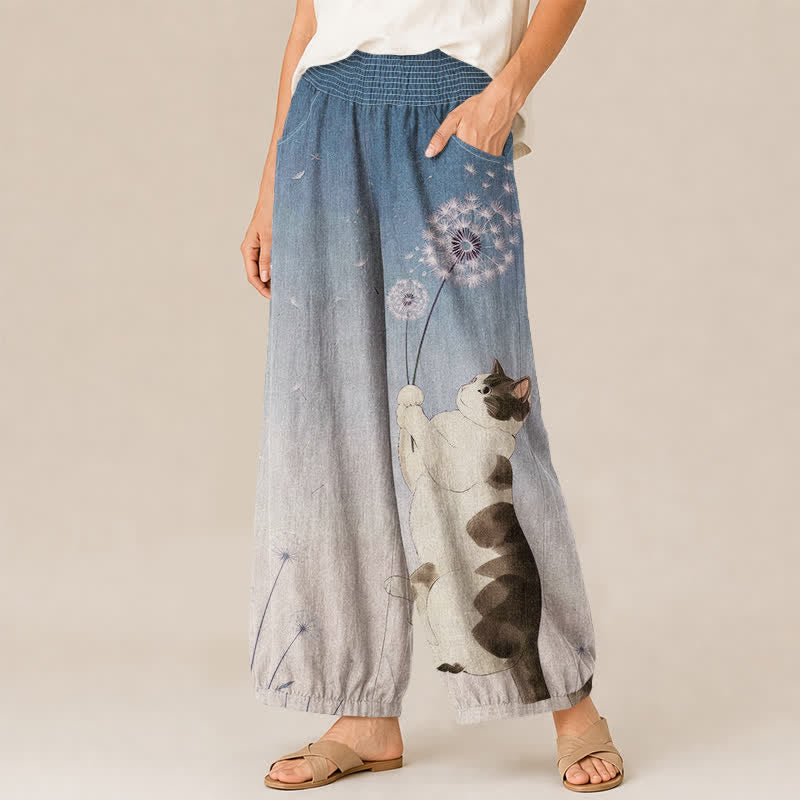 Buddha Stones Pantalon harem pour femme en coton à motif chat joueur et pissenlit, plissé, taille élastique et poches - image 1