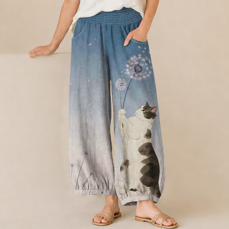 Buddha Stones Pantalon harem pour femme en coton à motif chat joueur et pissenlit, plissé, taille élastique et poches - Bleu acier clair - US16，UK/AU20，EU48 (3XL) - image 0