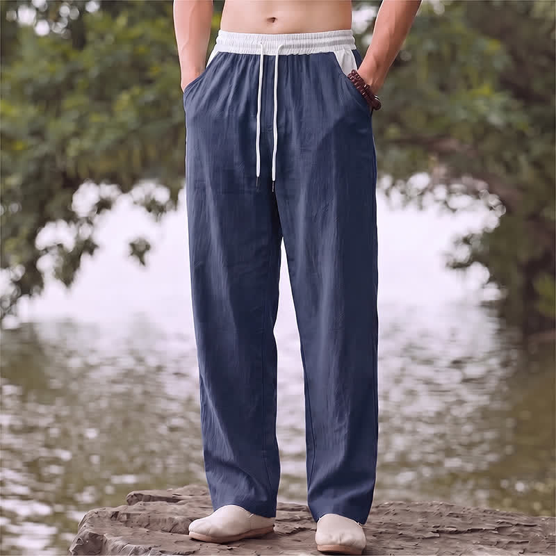 Buddha Stones Pantalon long homme coupe droite, style décontracté printemps-été, color block, cordon de serrage, en coton et lin uni, avec poches - Bleu nuit - US/UK/AU42, EU52 (3XL) - image 0