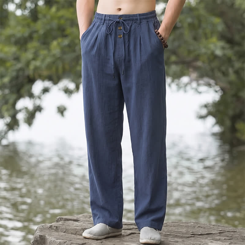 Buddha Stones Pantalon long uni à jambes droites avec poches, boutons décoratifs et cordon de serrage, style classique printemps-été - Marine - US/UK/AU42, EU52 (3XL) - image 0