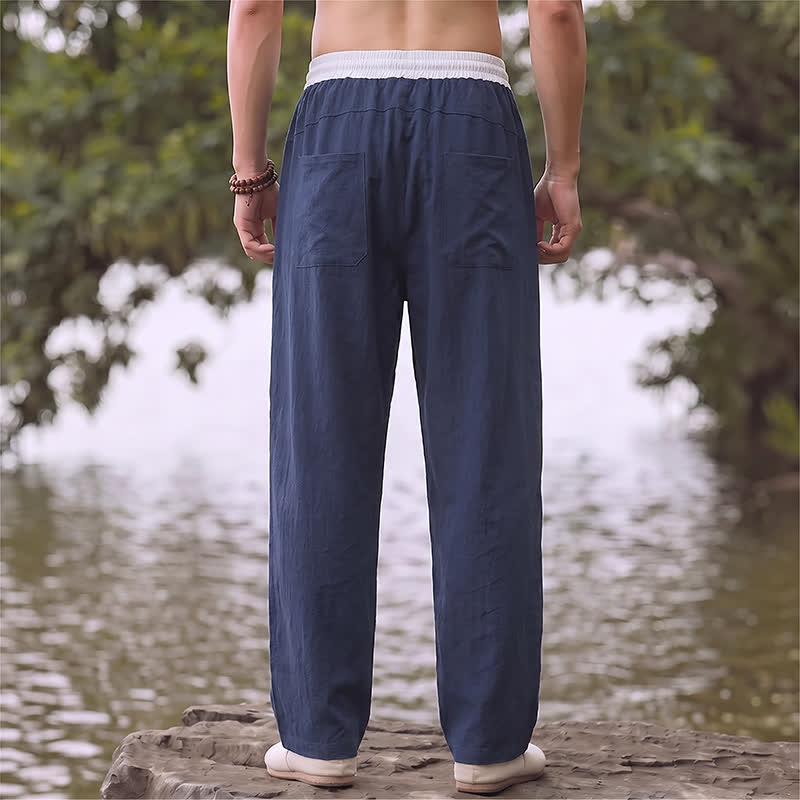 Buddha Stones Pantalon long homme coupe droite, style décontracté printemps-été, color block, cordon de serrage, en coton et lin uni, avec poches - image 1