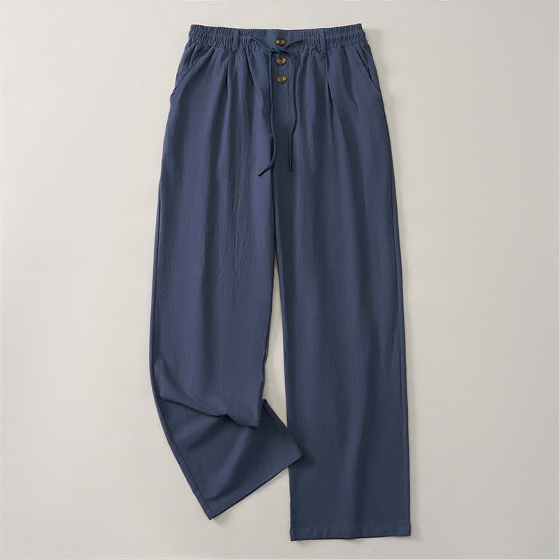 Buddha Stones Pantalon long uni à jambes droites avec poches, boutons décoratifs et cordon de serrage, style classique printemps-été - image 1