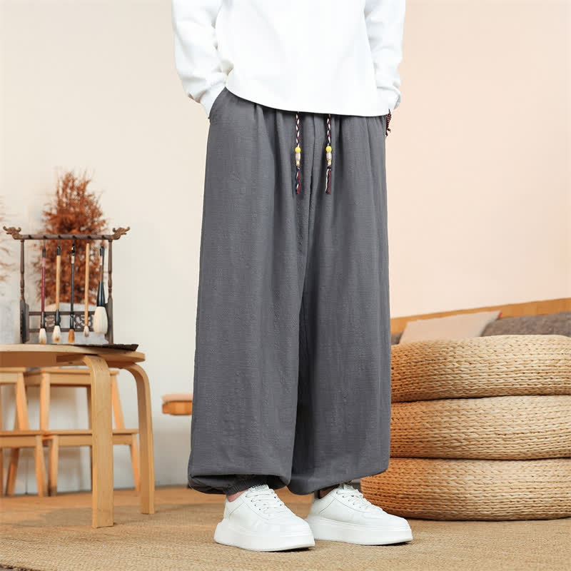 Buddha Stones Pantalon d'automne minimaliste décontracté en coton uni avec cordon de serrage et jambes courtes, coupe droite, poches - Gris terne - US/UK/AU46，EU56 (5XL) - image 0