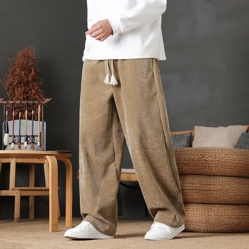 Buddha Stones Pantalon long décontracté automne-hiver à cordon de serrage, couleur unie, coupe droite, avec poches - Kaki foncé - US/UK/AU46，EU56 (5XL) - image 0