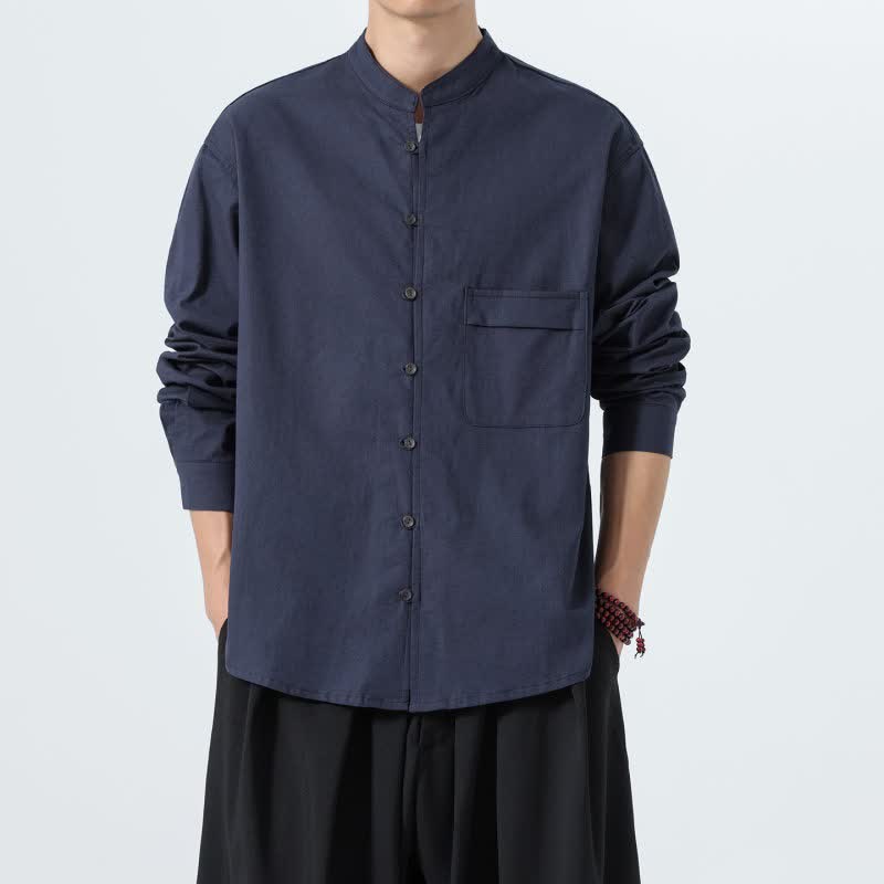 Buddha Stones Chemises à manches longues pour hommes, style Tang, col mandarin, en coton uni, style décontracté automne - Marine - US/UK/AU46，EU56 (5XL) - image 0