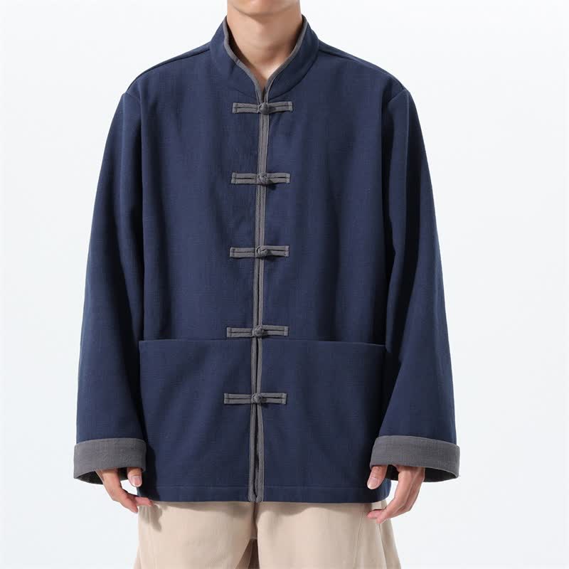 Buddha Stones Veste homme automne-hiver style Tang vintage à boutons grenouille en coton uni avec poches - Marine - US/UK/AU46，EU56 (5XL) - image 0
