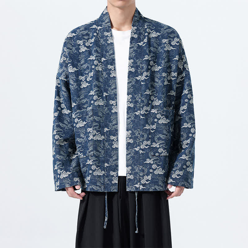 Buddha Stones Kimono homme en coton à cordon de serrage, motif nuages ​​abstraits, idéal pour le printemps et l'automne. - Marine - US/UK/AU46，EU56 (3XL) - image 0