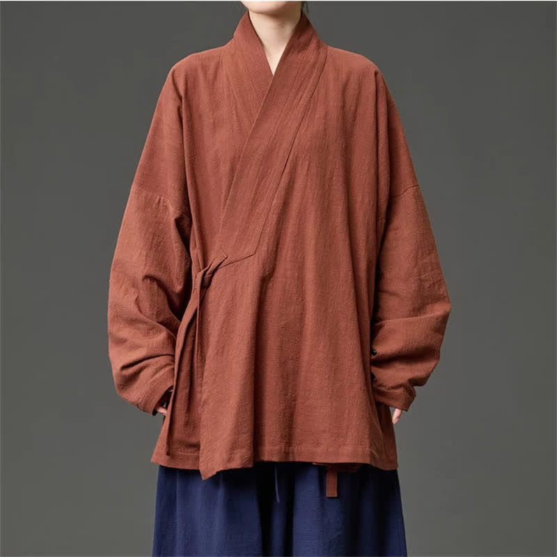 Buddha Stones Kimono homme minimaliste style Tang automne-hiver, cordon de serrage, coton uni, avec poches - Terre de sienne - US/UK/AU46，EU56 (5XL) - image 0