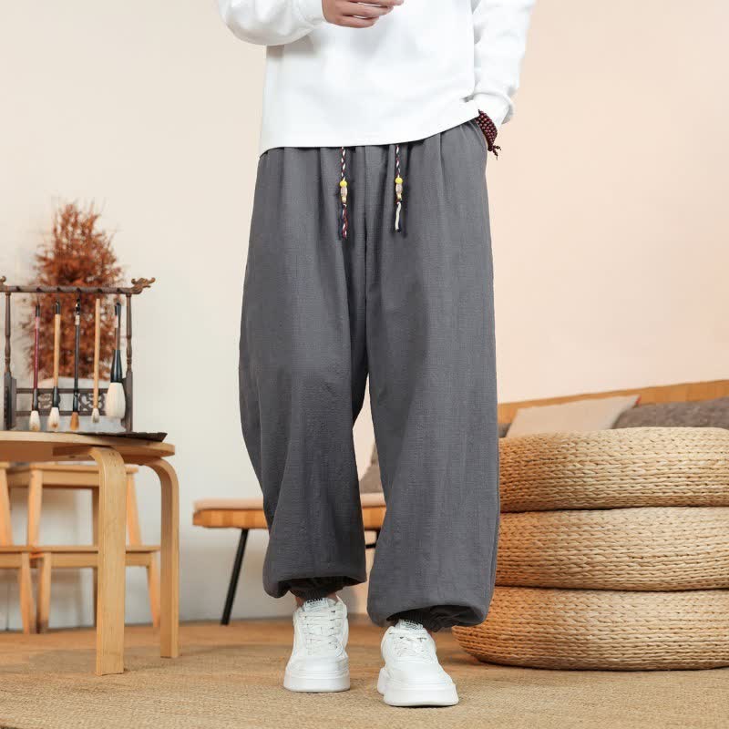 Buddha Stones Pantalon d'automne minimaliste décontracté en coton uni avec cordon de serrage et jambes courtes, coupe droite, poches - image 1