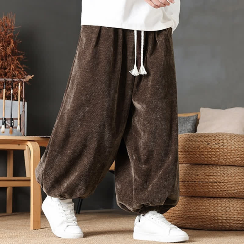Buddha Stones Pantalon homme décontracté automne-hiver style vintage à cordon de serrage, coupe droite, avec poches - image 1