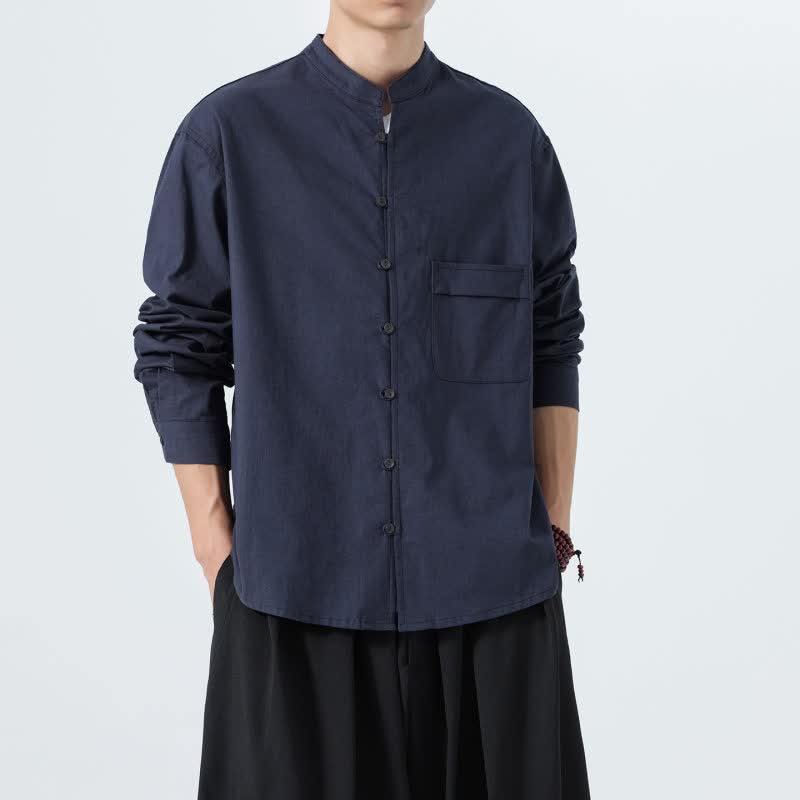 Buddha Stones Chemises à manches longues pour hommes, style Tang, col mandarin, en coton uni, style décontracté automne - image 1