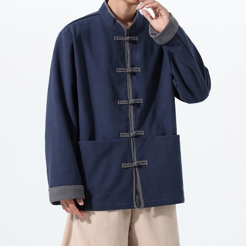 Buddha Stones Veste homme automne-hiver style Tang vintage à boutons grenouille en coton uni avec poches - image 1