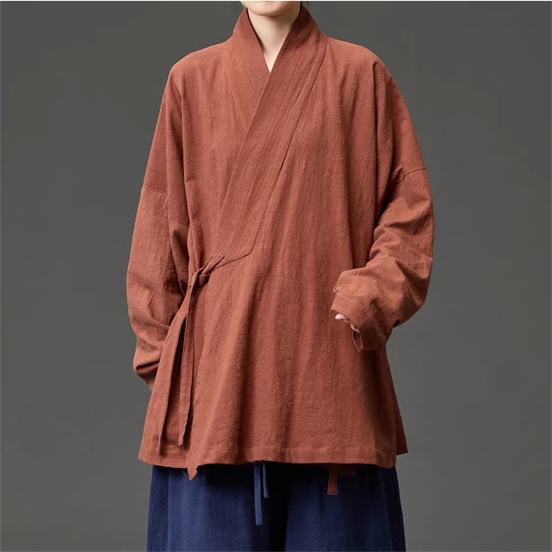 Buddha Stones Kimono homme minimaliste style Tang automne-hiver, cordon de serrage, coton uni, avec poches - image 1