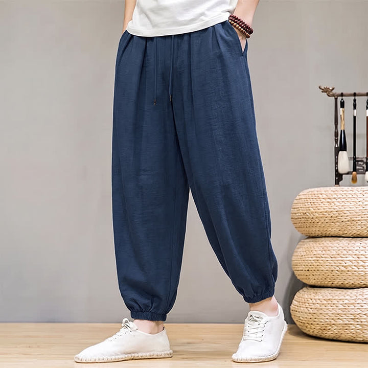 Buddha Stones Pantalon harem homme basique rétro à cordon de serrage, uni, avec poches - image 1
