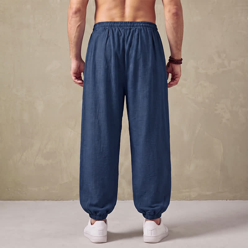 Buddha Stones Pantalon harem homme basique rétro à cordon de serrage, uni, avec poches - image 2