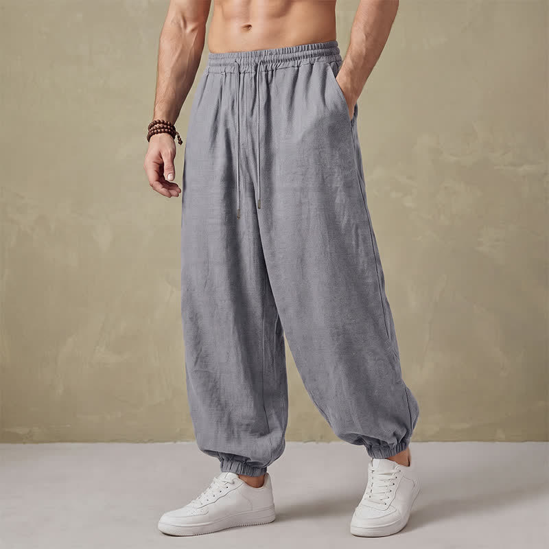 Buddha Stones Pantalon harem homme basique rétro à cordon de serrage, uni, avec poches - Gris clair - US/UK/AU42, EU52 (3XL) - image 10