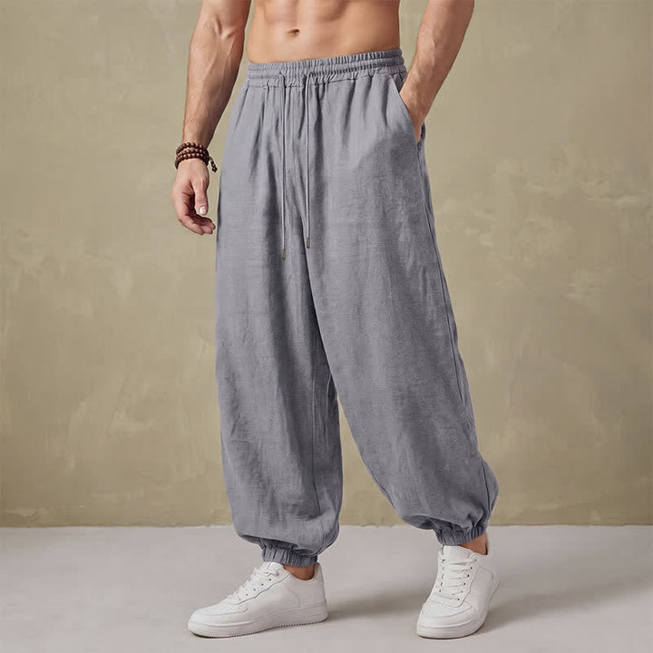 Buddha Stones Pantalon harem homme basique rétro à cordon de serrage, uni, avec poches - Gris clair - US/UK/AU42, EU52 (3XL) - image 10
