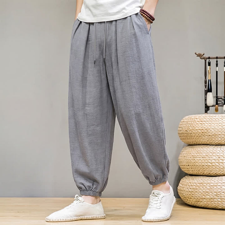 Buddha Stones Pantalon harem homme basique rétro à cordon de serrage, uni, avec poches - image 11