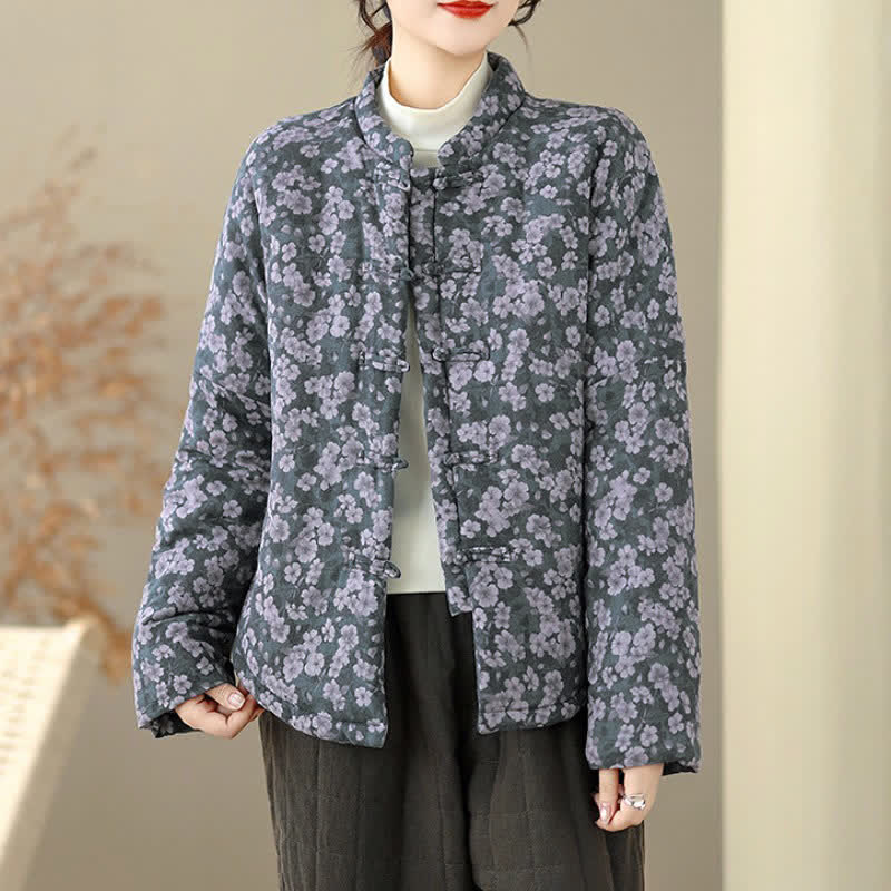 Buddha Stones Veste d'hiver vintage pour femme, style Tang, à boutons grenouille et imprimé floral - Gris sombre - US8-10，UK/AU12-14，EU40-42 (2XL) - image 0