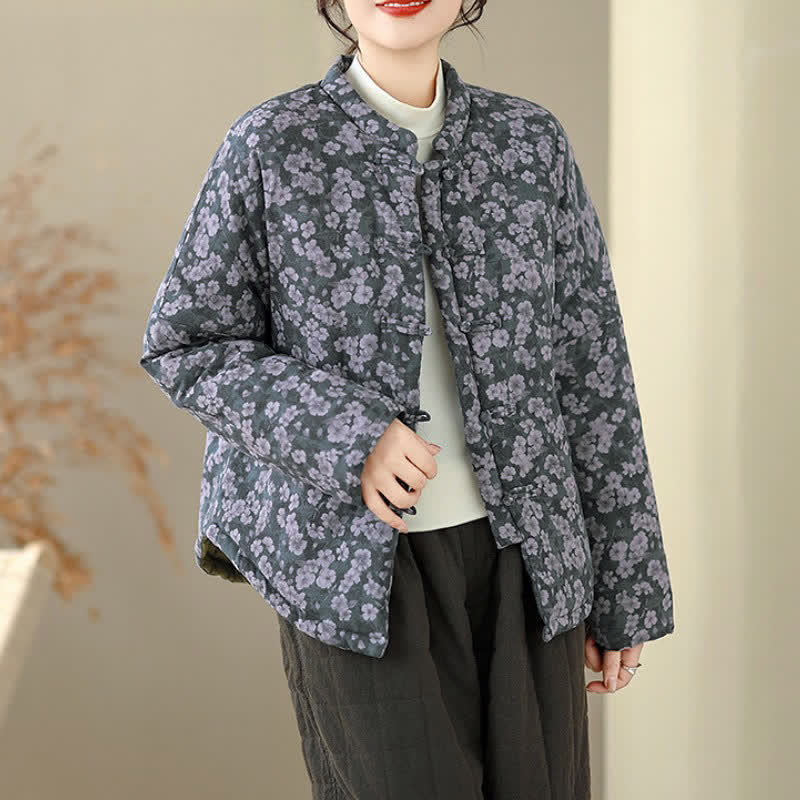 Buddha Stones Veste d'hiver vintage pour femme, style Tang, à boutons grenouille et imprimé floral - image 1
