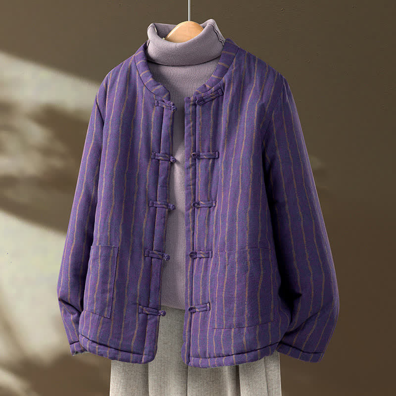 Buddha Stones Veste d'hiver décontractée pour femme, style Tang, à boutons brandebourg et rayures violettes, avec poches - RebeccaPurple - US8-10, UK/AU12-14, EU40-42 (2XL) - image 0