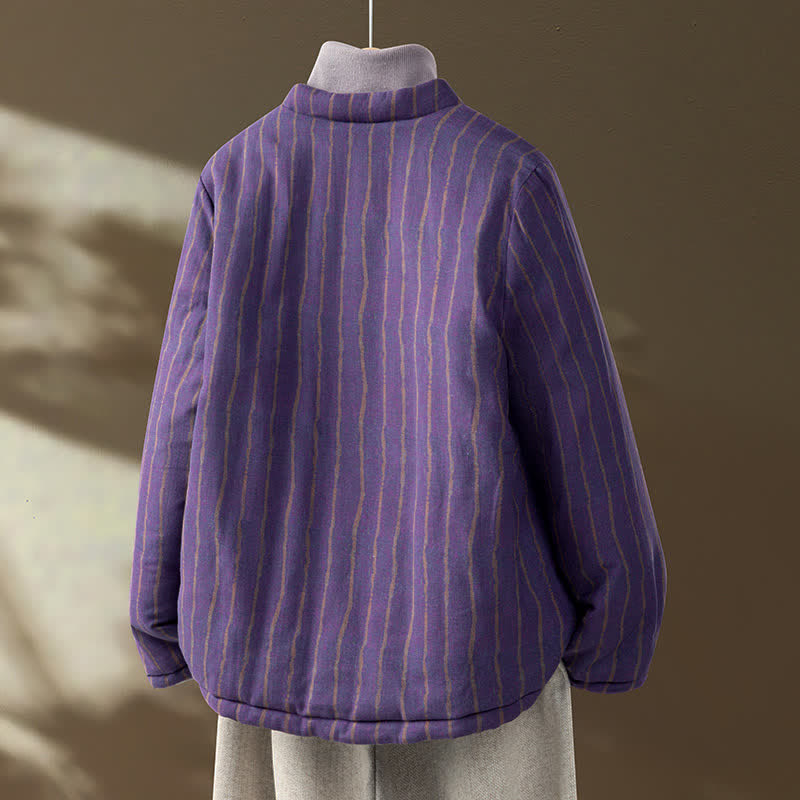Buddha Stones Veste d'hiver décontractée pour femme, style Tang, à boutons brandebourg et rayures violettes, avec poches - image 1