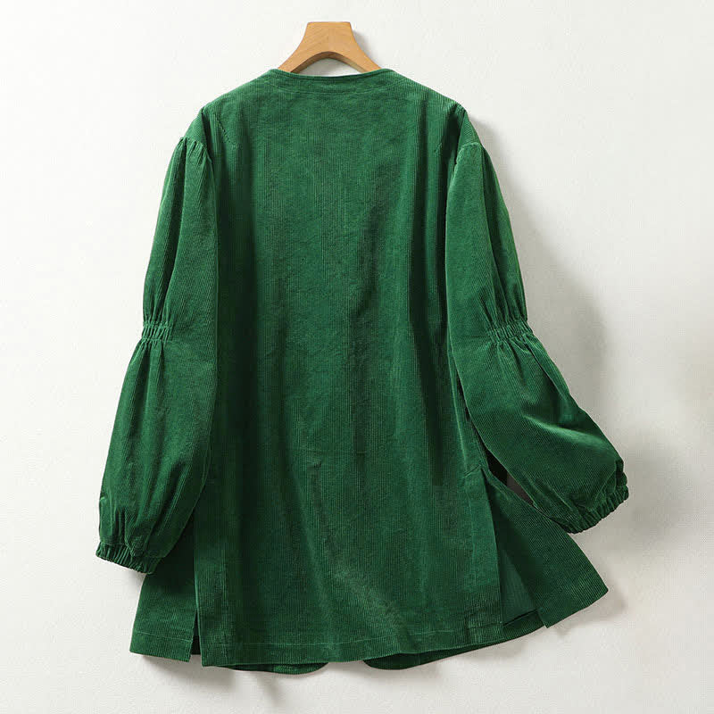 Buddha Stones Veste d'automne-hiver décontractée vintage en velours côtelé vert uni à col en V et poches pour femme - image 1
