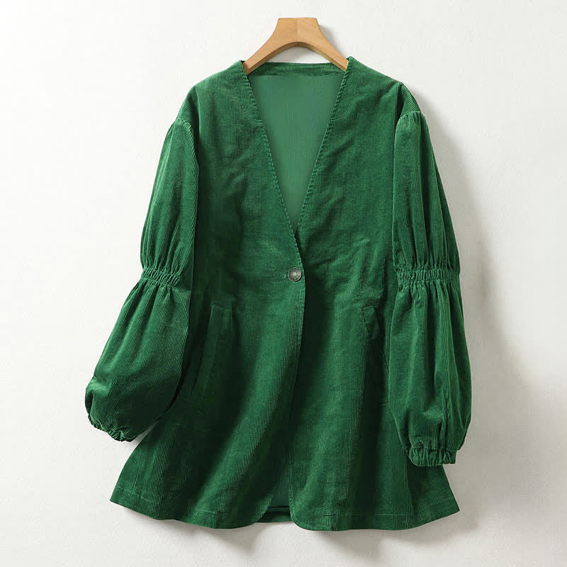 Buddha Stones Veste d'automne-hiver décontractée vintage en velours côtelé vert uni à col en V et poches pour femme - Vert forêt - US8-10, UK/AU12-14, EU40-42 (2XL) - image 0