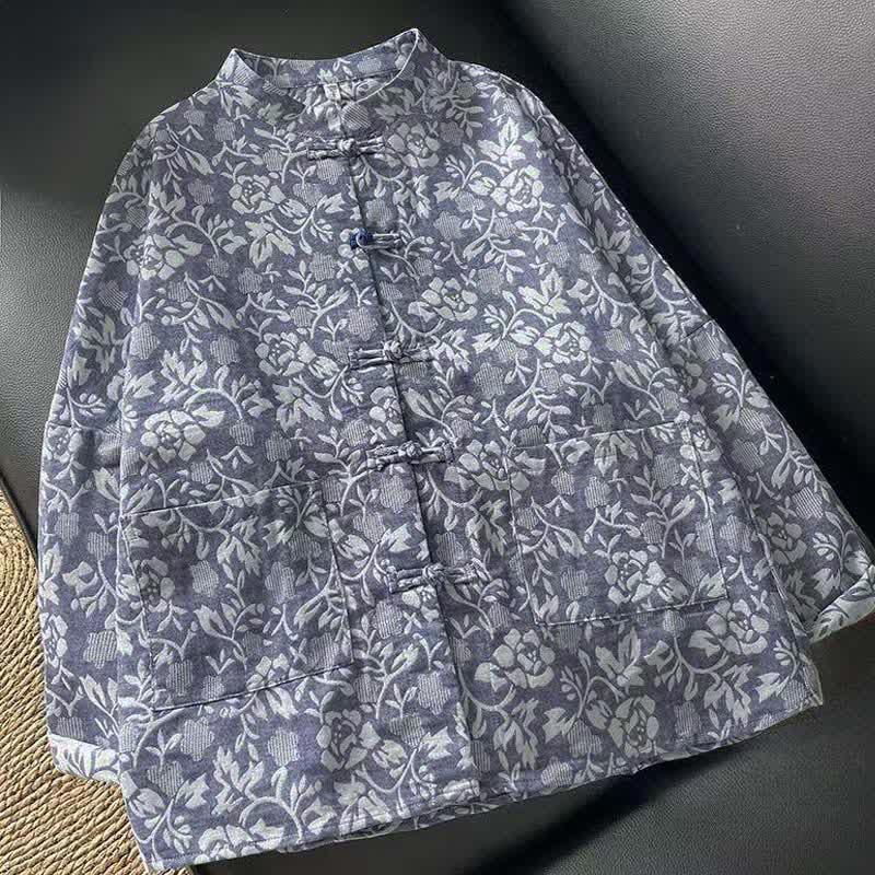 Buddha Stones Chemises à manches longues pour femmes, style automne Tang, à boutons grenouille et motifs floraux vintage, avec poches - SteelBlue - US8-10, UK/AU12-14, EU40-42 (2XL) - image 0