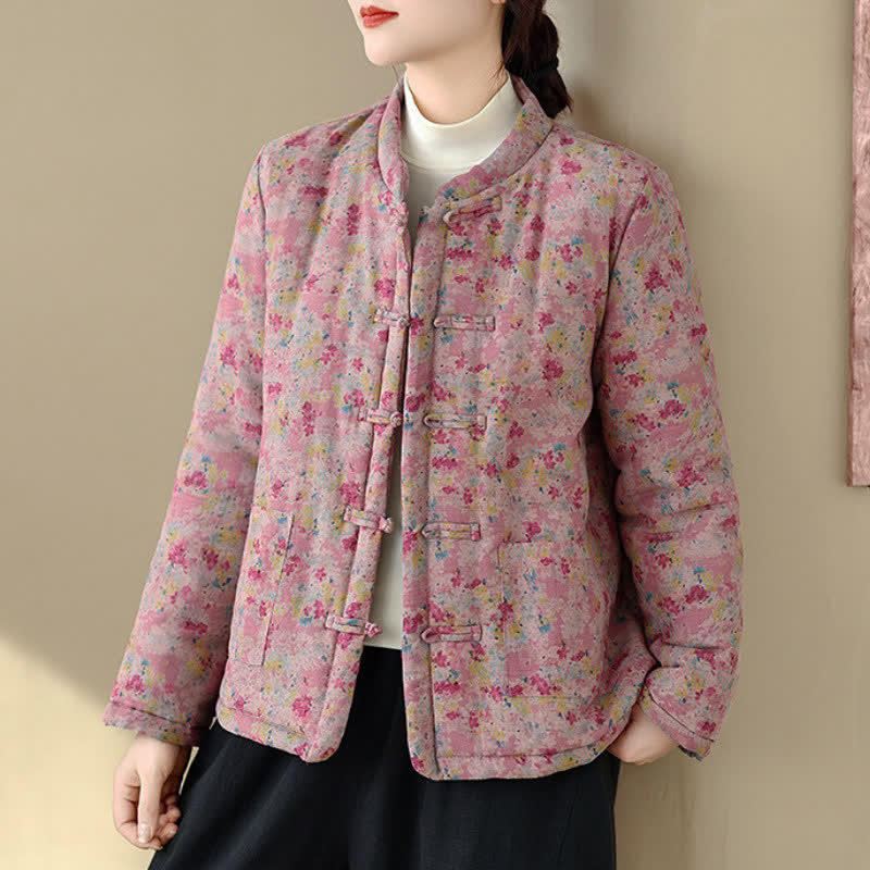 Buddha Stones Veste d'hiver vintage pour femme, style Tang, à boutons grenouille, rose à fleurs et poches - Rouge violet pâle - US8-10, UK/AU12-14, EU40-42 (2XL) - image 0