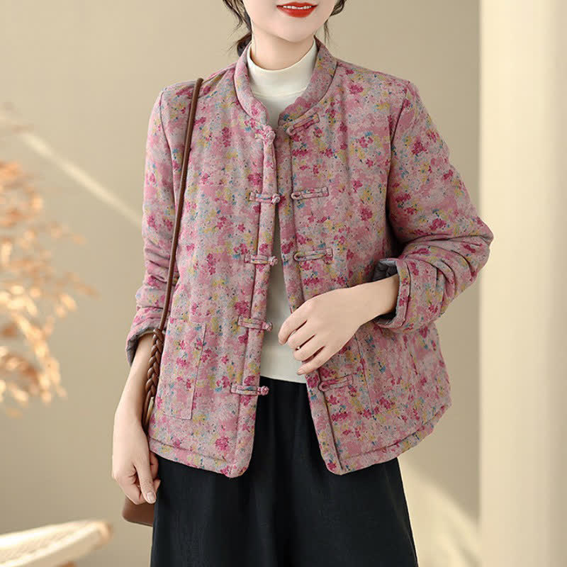 Buddha Stones Veste d'hiver vintage pour femme, style Tang, à boutons grenouille, rose à fleurs et poches - image 1