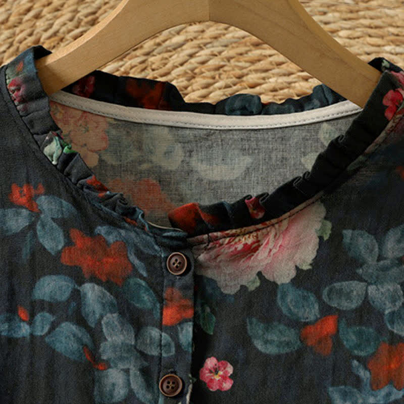 Buddha Stones Chemises à manches longues pour femmes, élégantes et vintage, style Tang, boutonnées, à col mandarin et à motifs floraux, style automne - image 1