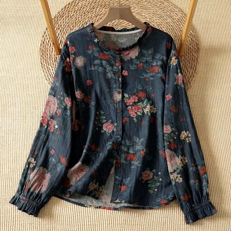 Buddha Stones Chemises à manches longues pour femmes, élégantes et vintage, style Tang, boutonnées, à col mandarin et à motifs floraux, style automne - Noir - US4-8/10, UK/AU8-12/14, EU36-40/42 (F) - image 0
